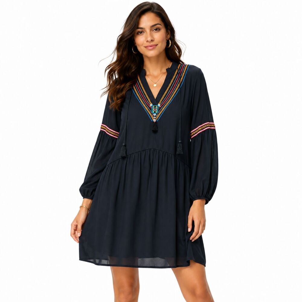 Misslook Black Multicolor Boho Embroidered Tassel Balloon Sleeve Peasant Dress L